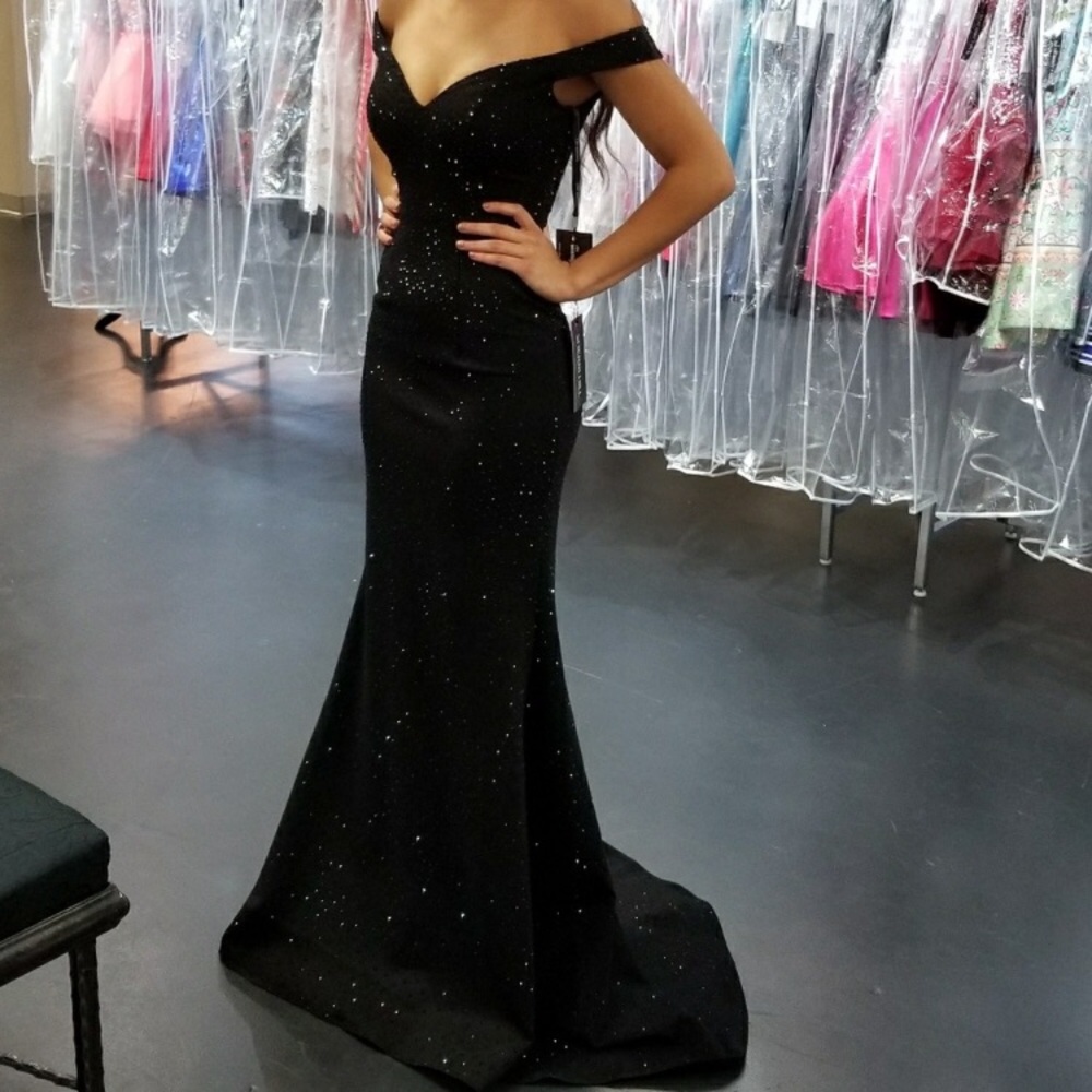 Off the shoulder black shimmer mermaid prom dress